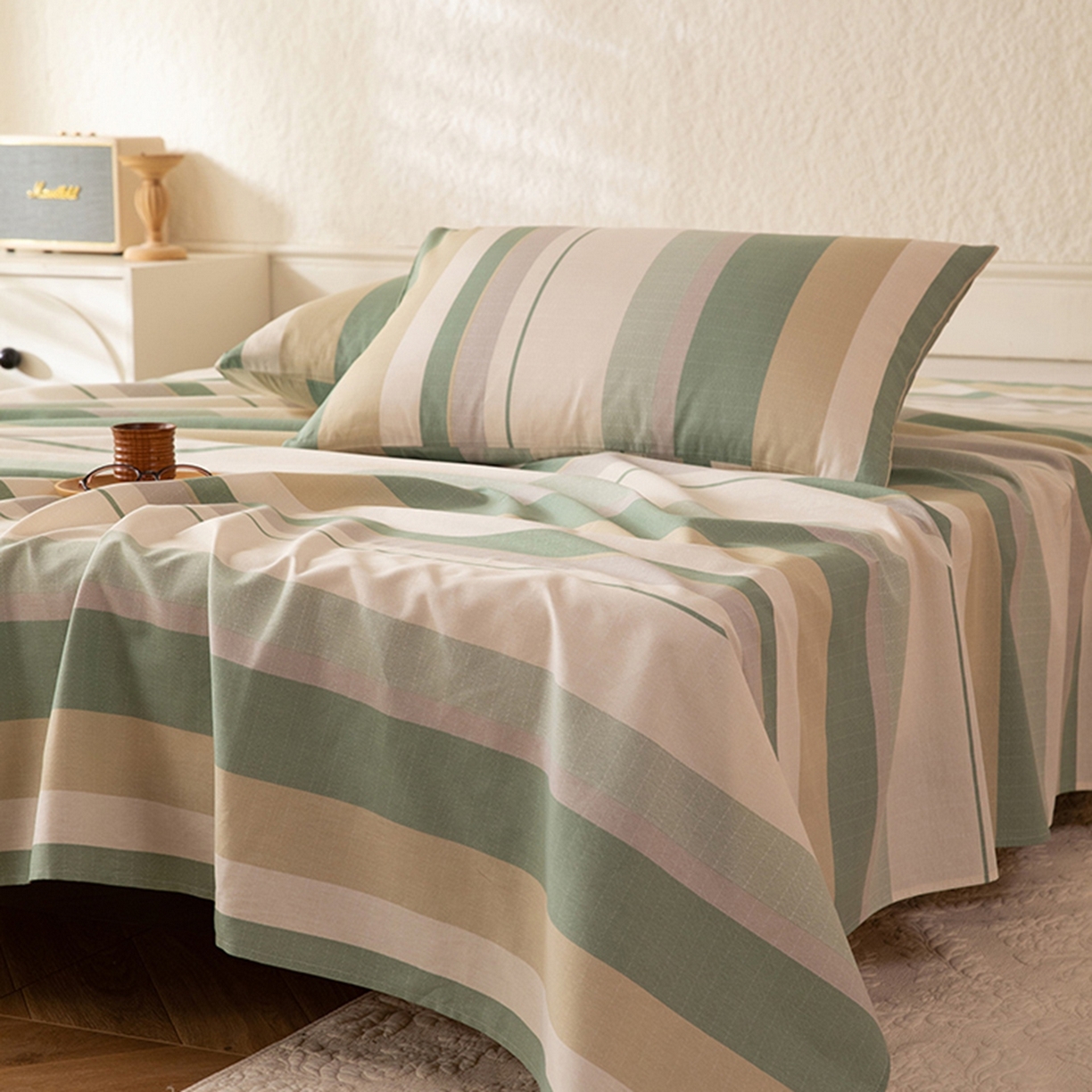 91家纺网 家纺一手货源 找家纺 八十八家纺 2026新款无印风全棉纯棉斜纹条格单床单床单单件单品床单 木春