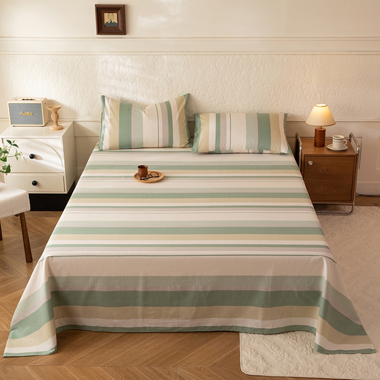 91家纺网 家纺一手货源 找家纺 八十八家纺 2026新款无印风全棉纯棉斜纹条格单床单床单单件单品床单 木春