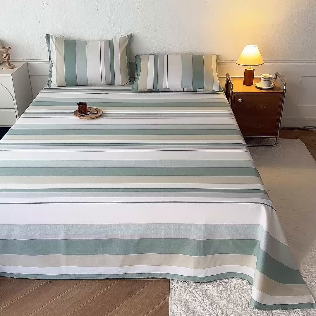 91家纺网 家纺一手货源 找家纺 八十八家纺 2026新款无印风全棉纯棉斜纹条格单床单床单单件单品床单 木春