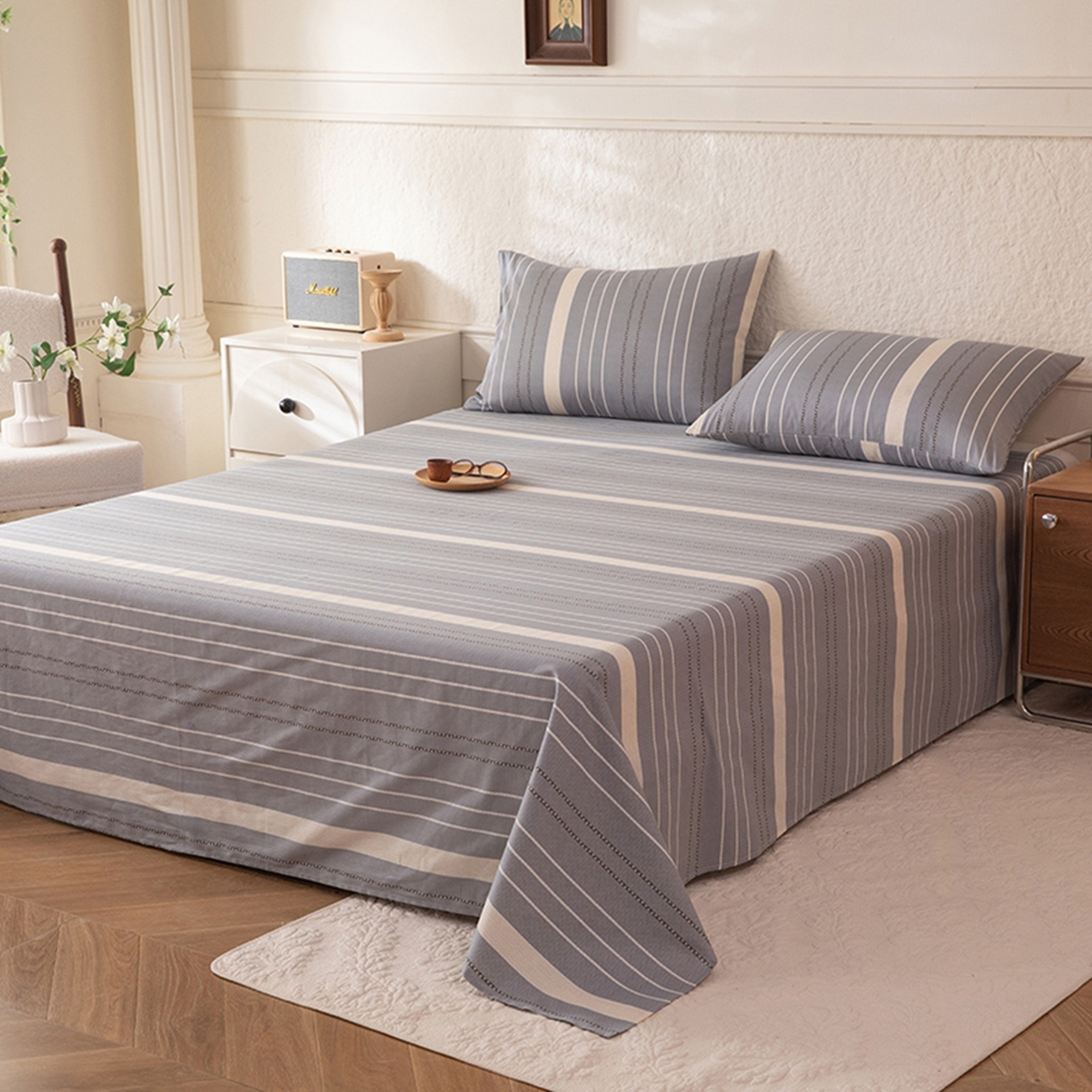 91家纺网 家纺一手货源 找家纺 八十八家纺 2026新款无印风全棉纯棉斜纹条格单床单床单单件单品床单 木几