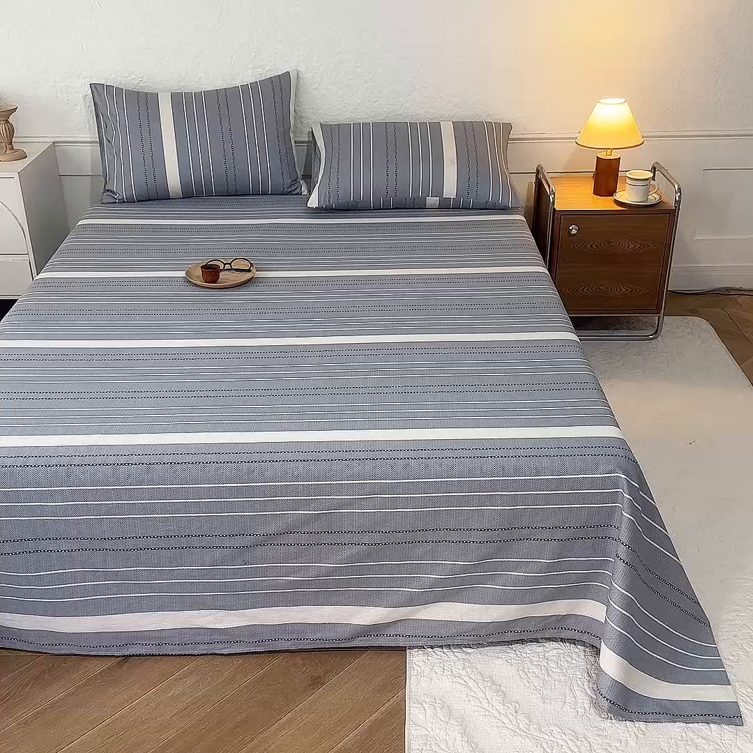 91家纺网 家纺一手货源 找家纺 八十八家纺 2026新款无印风全棉纯棉斜纹条格单床单床单单件单品床单 木几