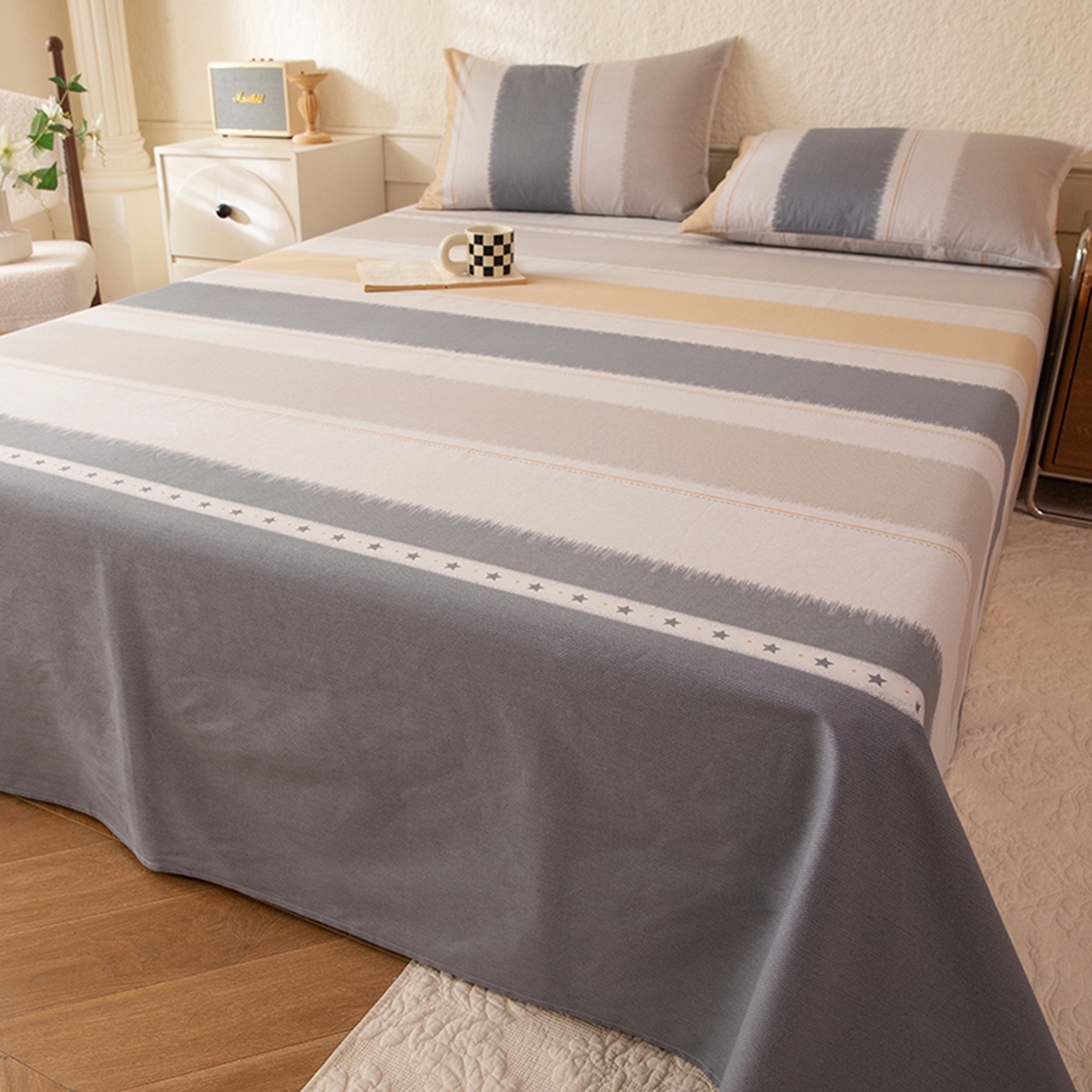 八十八家纺 2026新款无印风全棉纯棉斜纹条格单床单床单单件单品床单 木兰