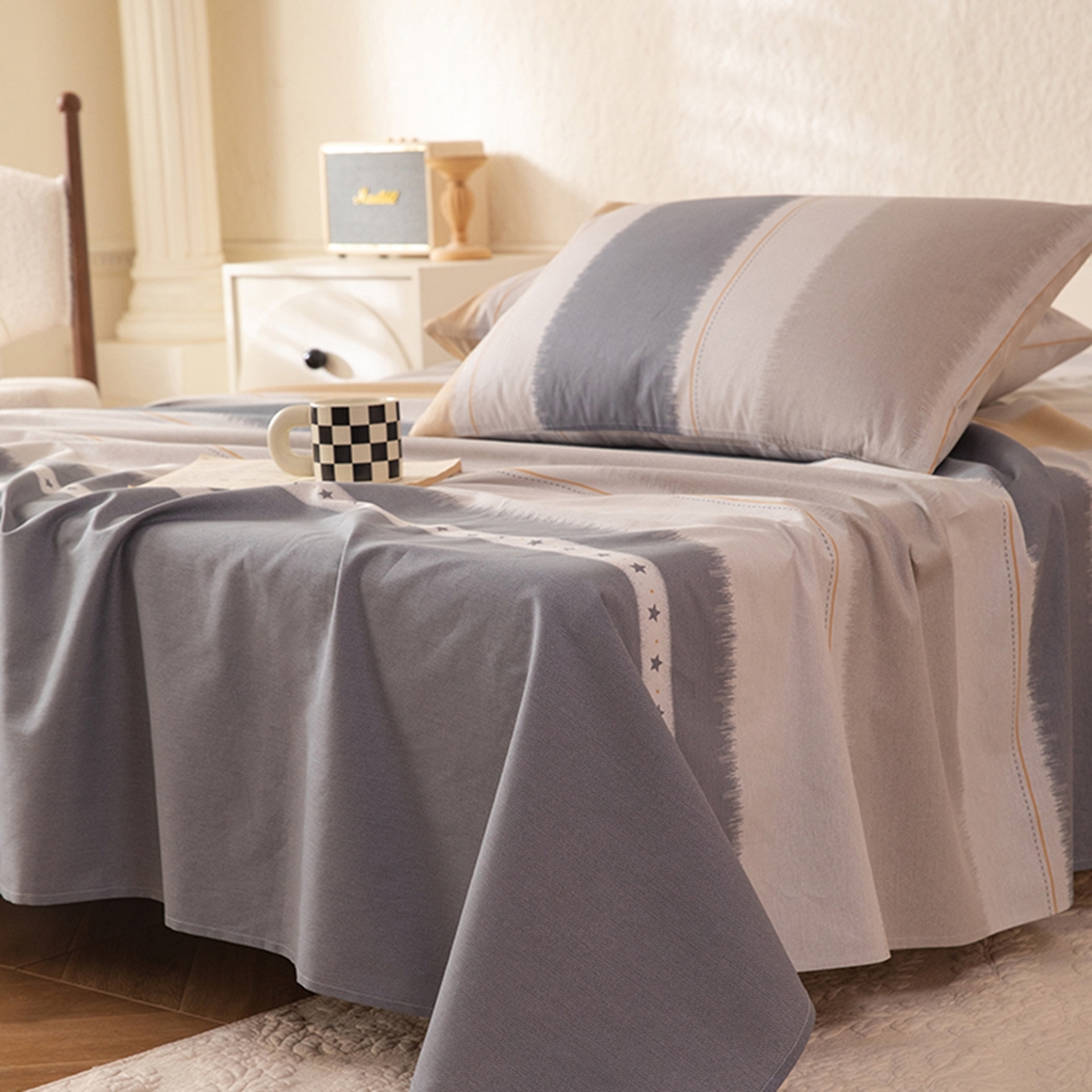 91家纺网 家纺一手货源 找家纺 八十八家纺 2026新款无印风全棉纯棉斜纹条格单床单床单单件单品床单 木兰