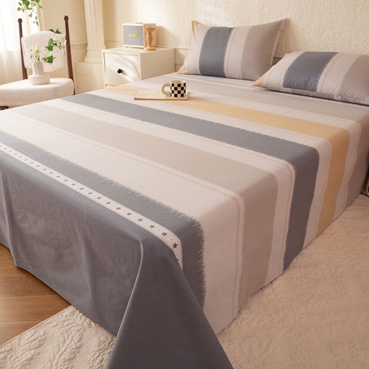 91家纺网 家纺一手货源 找家纺 八十八家纺 2026新款无印风全棉纯棉斜纹条格单床单床单单件单品床单 木兰