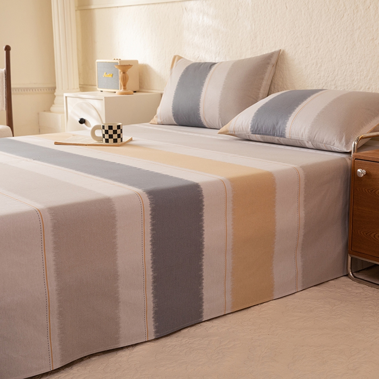 91家纺网 家纺一手货源 找家纺 八十八家纺 2026新款无印风全棉纯棉斜纹条格单床单床单单件单品床单 木兰