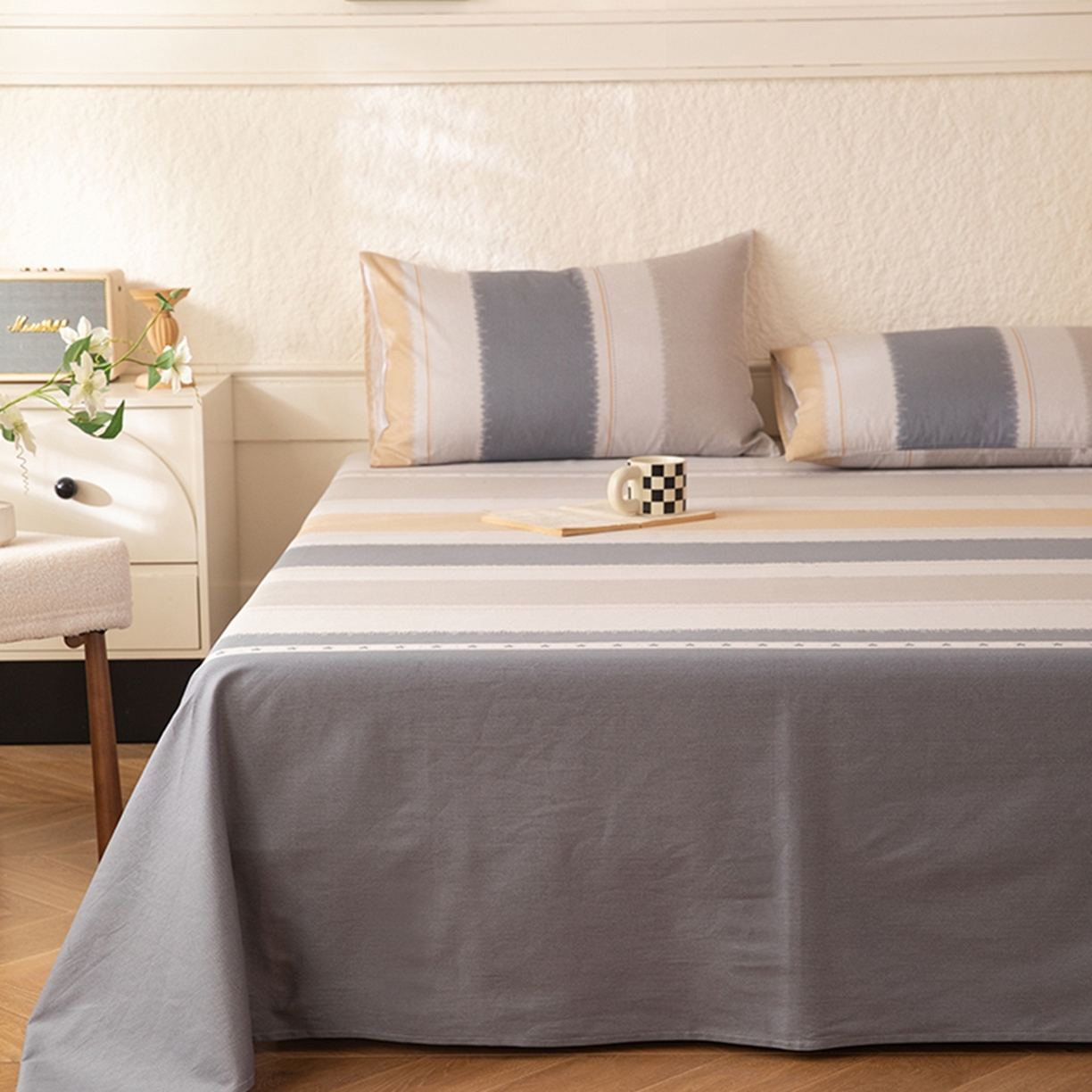 91家纺网 家纺一手货源 找家纺 八十八家纺 2026新款无印风全棉纯棉斜纹条格单床单床单单件单品床单 木兰