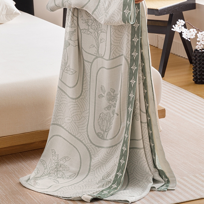 91家纺网 家纺一手货源 找家纺 朴尔家纺-毛巾被 2026新款柔滑竹纤维双层纱布冷感毯毛巾被 水纹玫瑰-绿