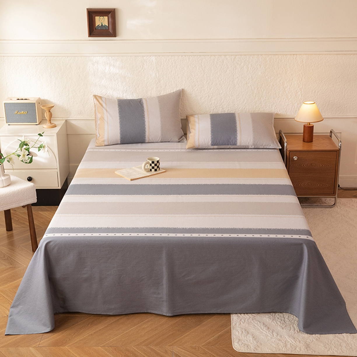 91家纺网 家纺一手货源 找家纺 八十八家纺 2026新款无印风全棉纯棉斜纹条格单床单床单单件单品床单 木兰