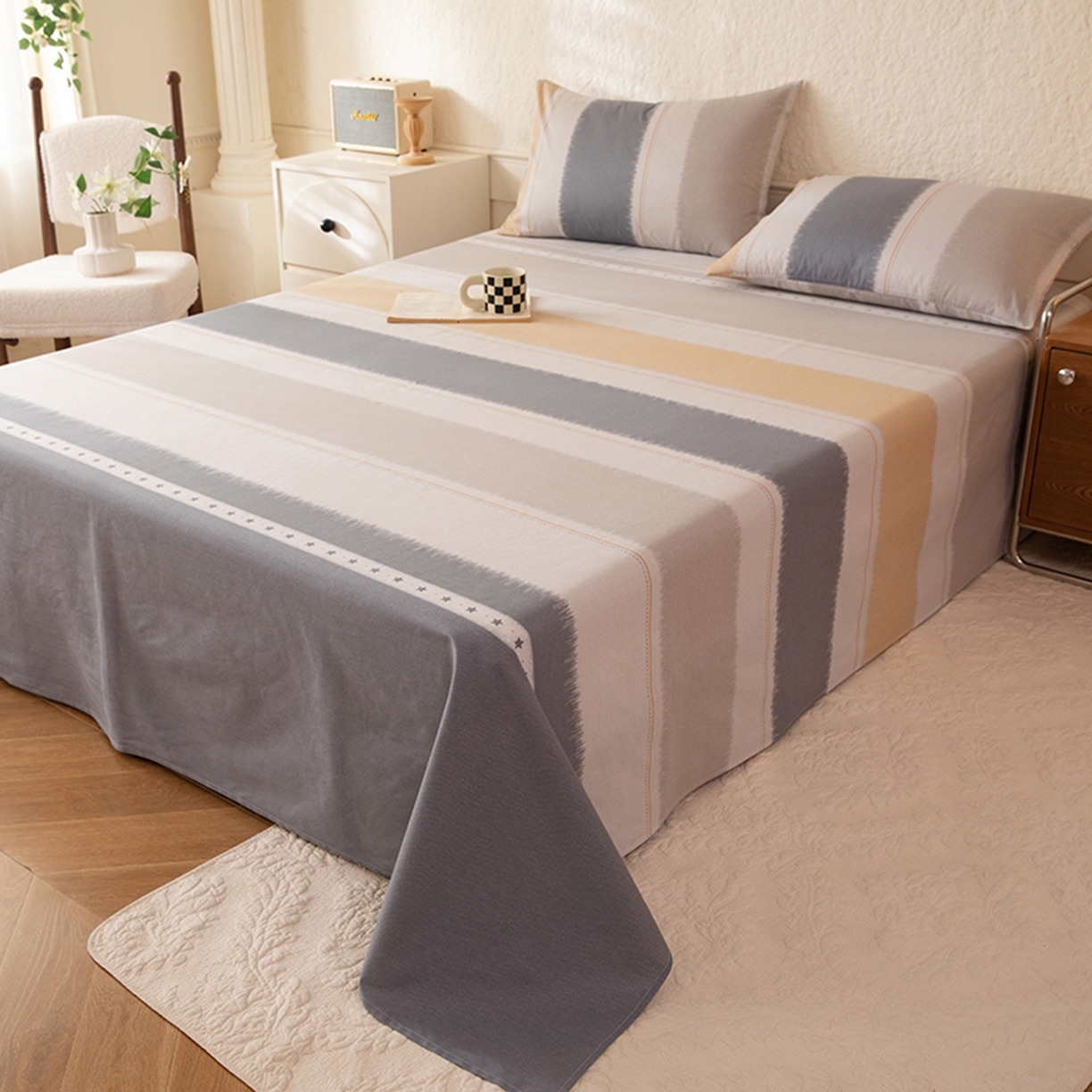 91家纺网 家纺一手货源 找家纺 八十八家纺 2026新款无印风全棉纯棉斜纹条格单床单床单单件单品床单 木兰