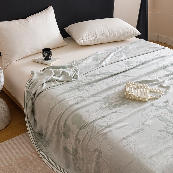 91家纺网 家纺一手货源 找家纺 朴尔家纺-毛巾被 2026新款柔滑竹纤维双层纱布冷感毯毛巾被 浅花漫-绿