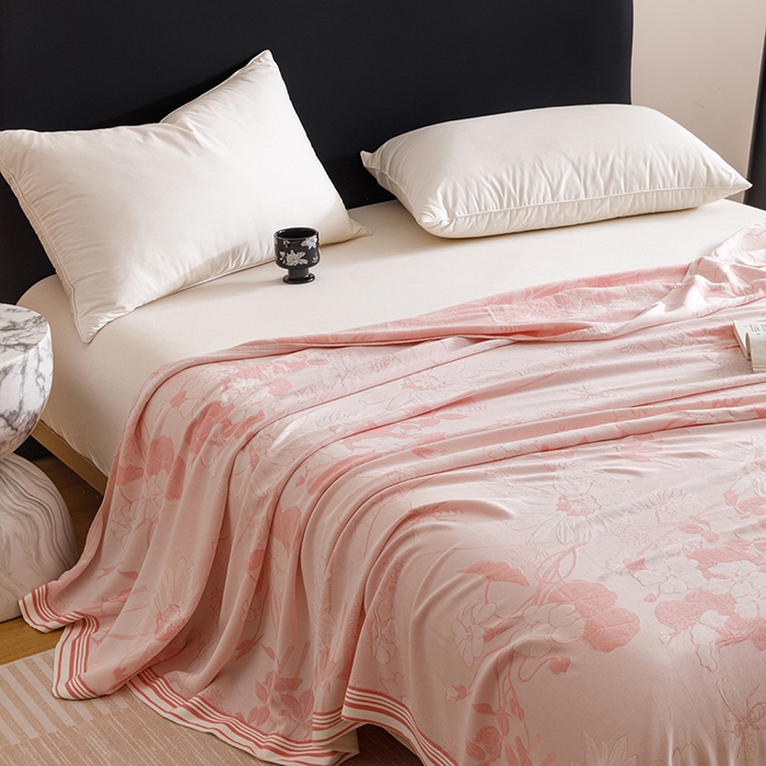 91家纺网 家纺一手货源 找家纺 朴尔家纺-毛巾被 2026新款柔滑竹纤维双层纱布冷感毯毛巾被 浅花漫-粉