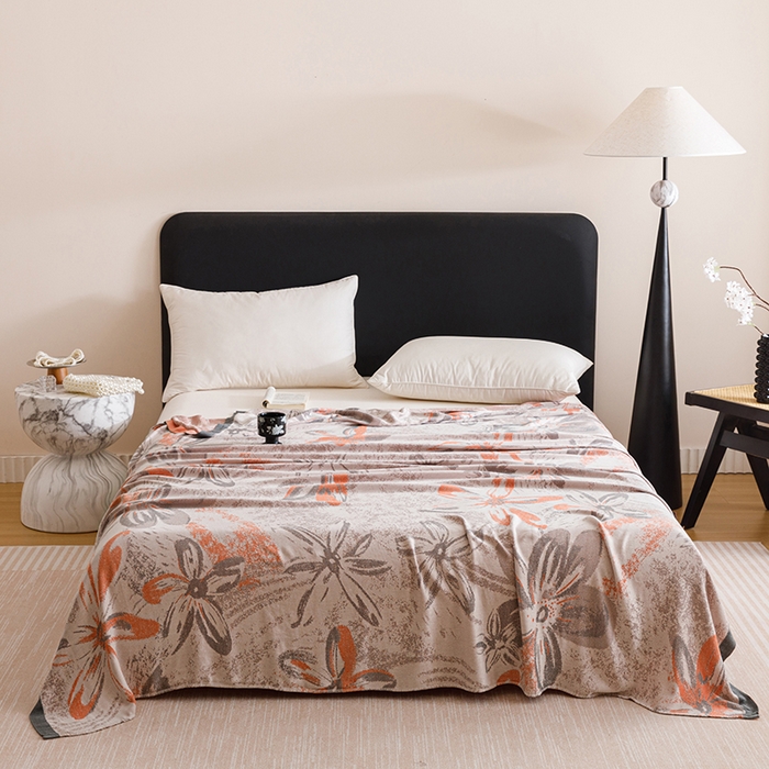 91家纺网 家纺一手货源 找家纺 朴尔家纺-毛巾被 2026新款柔滑竹纤维双层纱布冷感毯毛巾被 花影-橘