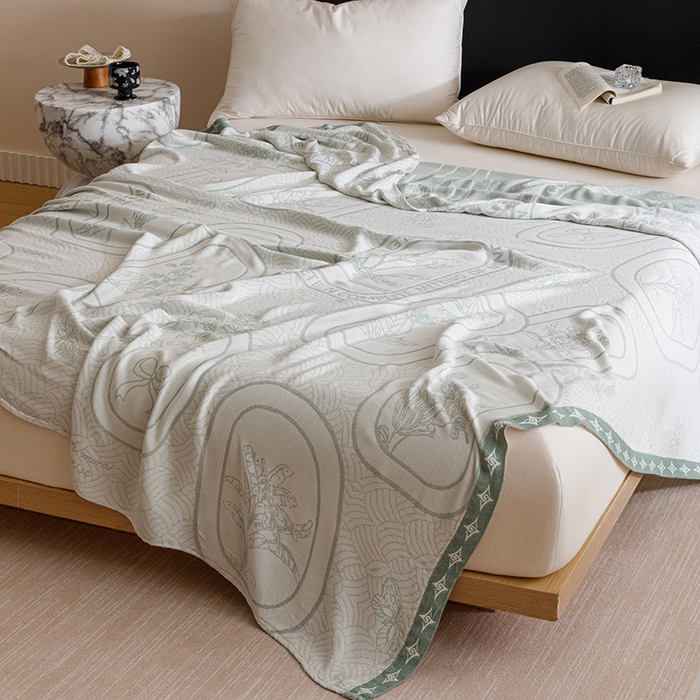 91家纺网 家纺一手货源 找家纺 朴尔家纺-毛巾被 2026新款柔滑竹纤维双层纱布冷感毯毛巾被 水纹玫瑰-绿