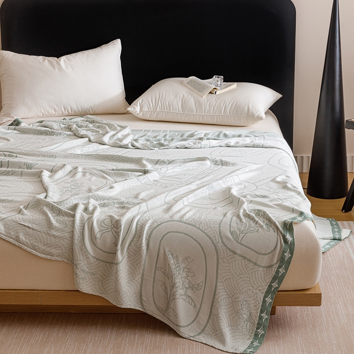 91家纺网 家纺一手货源 找家纺 朴尔家纺-毛巾被 2026新款柔滑竹纤维双层纱布冷感毯毛巾被 水纹玫瑰-绿