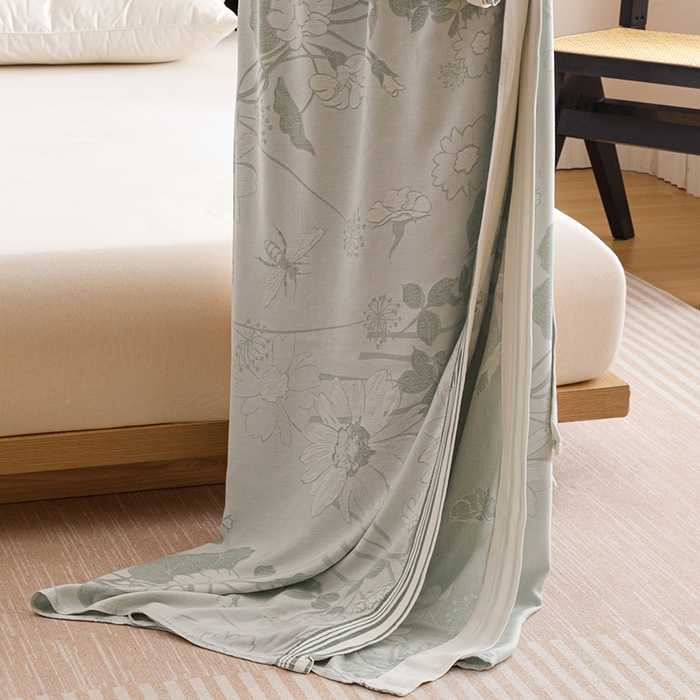 朴尔家纺-毛巾被 2026新款柔滑竹纤维双层纱布冷感毯毛巾被 浅花漫-绿