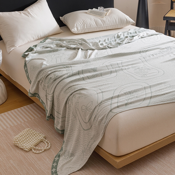 91家纺网 家纺一手货源 找家纺 朴尔家纺-毛巾被 2026新款柔滑竹纤维双层纱布冷感毯毛巾被 水纹玫瑰-绿