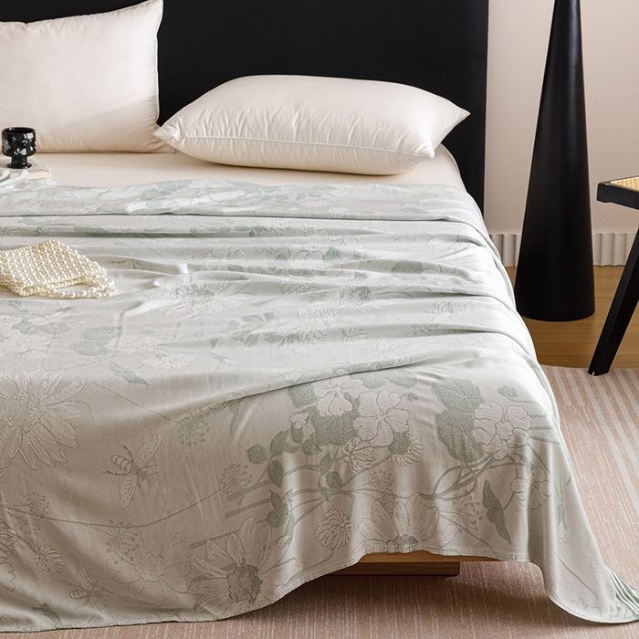 91家纺网 家纺一手货源 找家纺 朴尔家纺-毛巾被 2026新款柔滑竹纤维双层纱布冷感毯毛巾被 浅花漫-绿