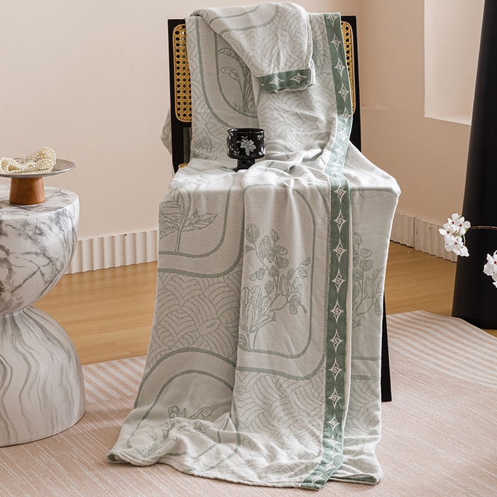 91家纺网 家纺一手货源 找家纺 朴尔家纺-毛巾被 2026新款柔滑竹纤维双层纱布冷感毯毛巾被 水纹玫瑰-绿