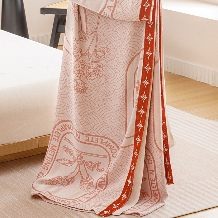 91家纺网 家纺一手货源 找家纺 朴尔家纺-毛巾被 2026新款柔滑竹纤维双层纱布冷感毯毛巾被 水纹玫瑰-橘