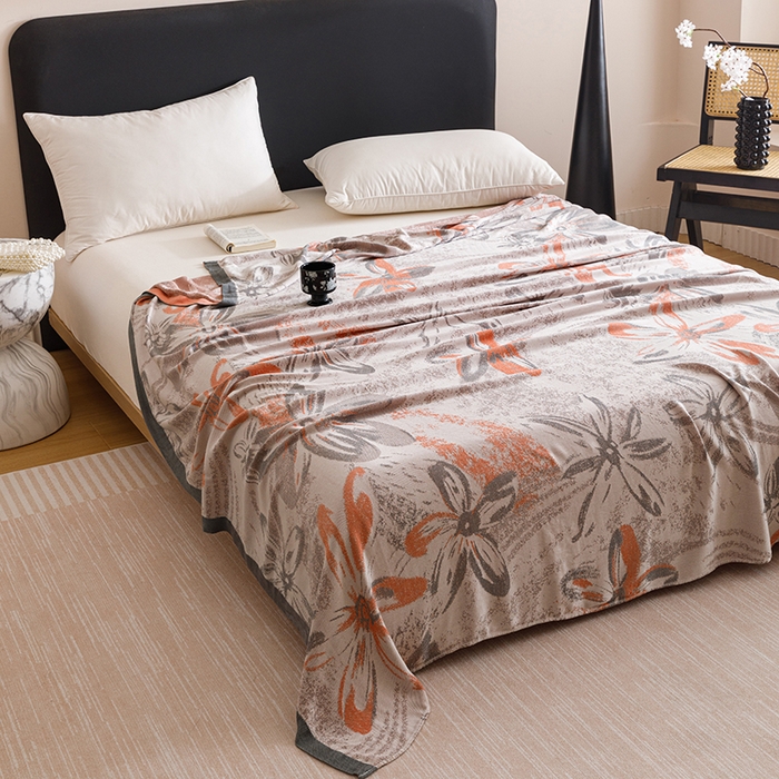 91家纺网 家纺一手货源 找家纺 朴尔家纺-毛巾被 2026新款柔滑竹纤维双层纱布冷感毯毛巾被 花影-橘