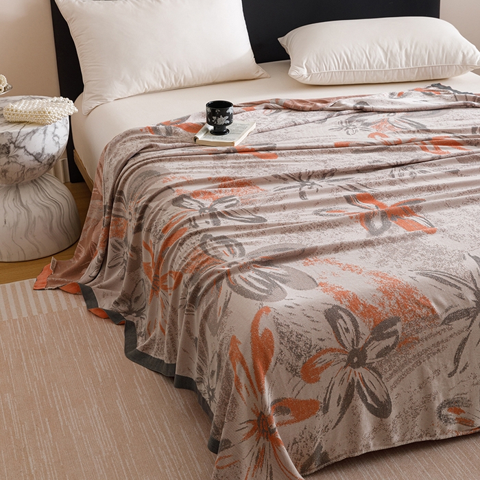 91家纺网 家纺一手货源 找家纺 朴尔家纺-毛巾被 2026新款柔滑竹纤维双层纱布冷感毯毛巾被 花影-橘