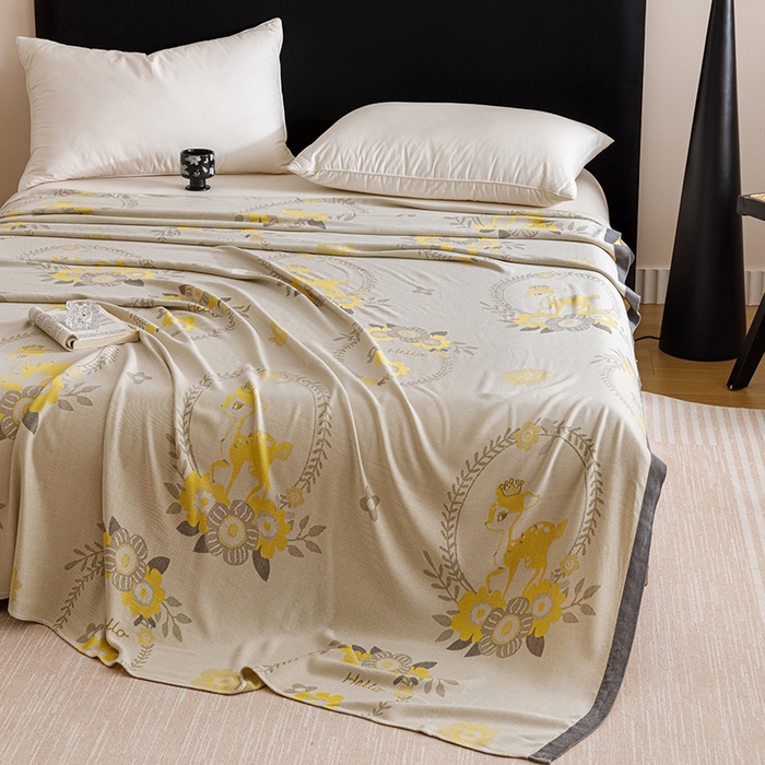 91家纺网 家纺一手货源 找家纺 朴尔家纺-毛巾被 2026新款柔滑竹纤维双层纱布冷感毯毛巾被 若花镜-黄