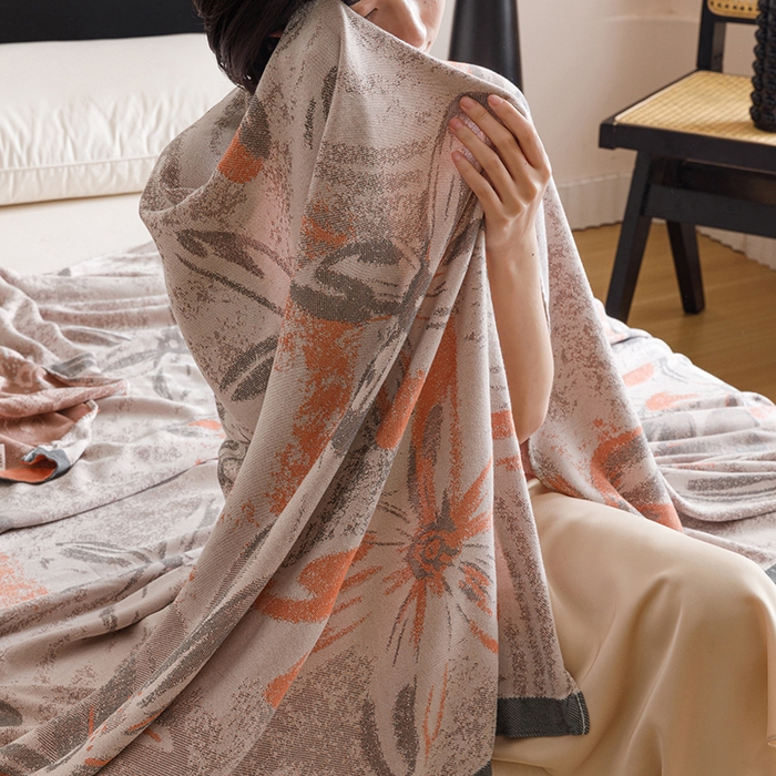 91家纺网 家纺一手货源 找家纺 朴尔家纺-毛巾被 2026新款柔滑竹纤维双层纱布冷感毯毛巾被 花影-橘