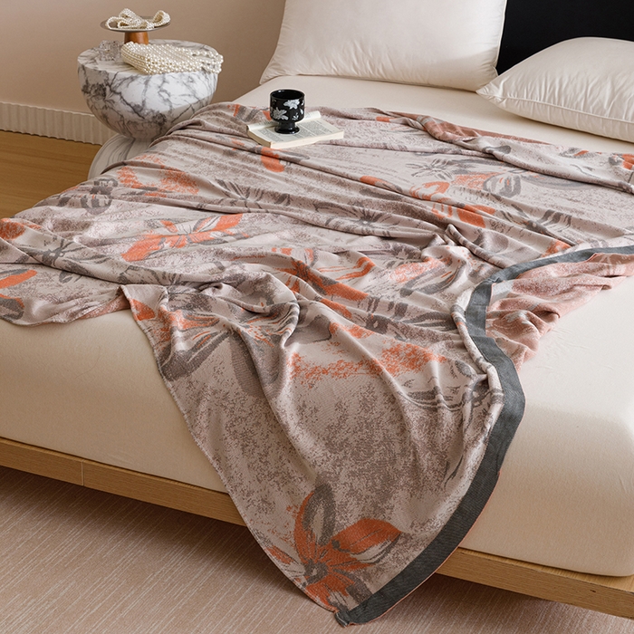 91家纺网 家纺一手货源 找家纺 朴尔家纺-毛巾被 2026新款柔滑竹纤维双层纱布冷感毯毛巾被 花影-橘