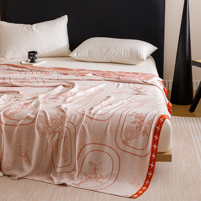 91家纺网 家纺一手货源 找家纺 朴尔家纺-毛巾被 2026新款柔滑竹纤维双层纱布冷感毯毛巾被 水纹玫瑰-橘