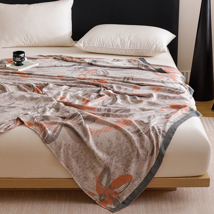 91家纺网 家纺一手货源 找家纺 朴尔家纺-毛巾被 2026新款柔滑竹纤维双层纱布冷感毯毛巾被 花影-橘