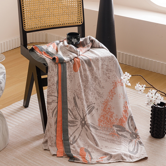 91家纺网 家纺一手货源 找家纺 朴尔家纺-毛巾被 2026新款柔滑竹纤维双层纱布冷感毯毛巾被 花影-橘