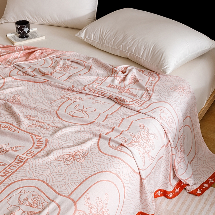 91家纺网 家纺一手货源 找家纺 朴尔家纺-毛巾被 2026新款柔滑竹纤维双层纱布冷感毯毛巾被 水纹玫瑰-橘