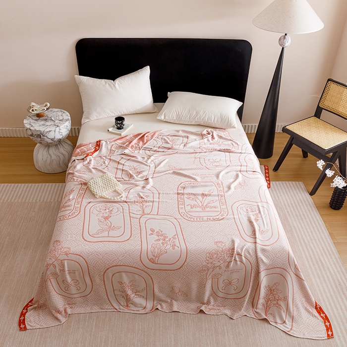 91家纺网 家纺一手货源 找家纺 朴尔家纺-毛巾被 2026新款柔滑竹纤维双层纱布冷感毯毛巾被 水纹玫瑰-橘