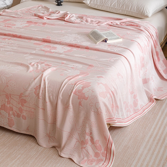 91家纺网 家纺一手货源 找家纺 朴尔家纺-毛巾被 2026新款柔滑竹纤维双层纱布冷感毯毛巾被 浅花漫-粉