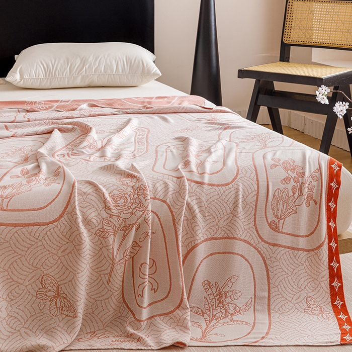 91家纺网 家纺一手货源 找家纺 朴尔家纺-毛巾被 2026新款柔滑竹纤维双层纱布冷感毯毛巾被 水纹玫瑰-橘