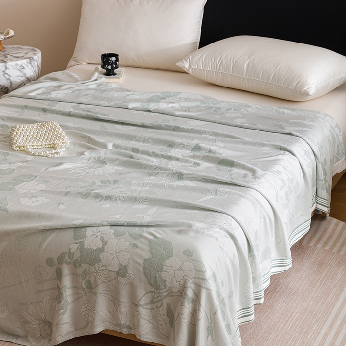 91家纺网 家纺一手货源 找家纺 朴尔家纺-毛巾被 2026新款柔滑竹纤维双层纱布冷感毯毛巾被 浅花漫-绿