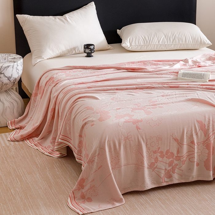 91家纺网 家纺一手货源 找家纺 朴尔家纺-毛巾被 2026新款柔滑竹纤维双层纱布冷感毯毛巾被 浅花漫-粉