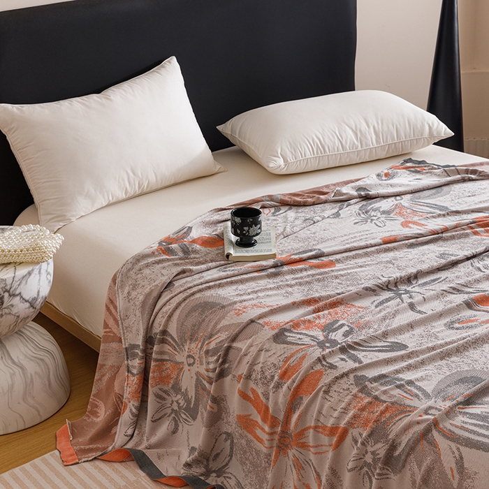 91家纺网 家纺一手货源 找家纺 朴尔家纺-毛巾被 2026新款柔滑竹纤维双层纱布冷感毯毛巾被 花影-橘