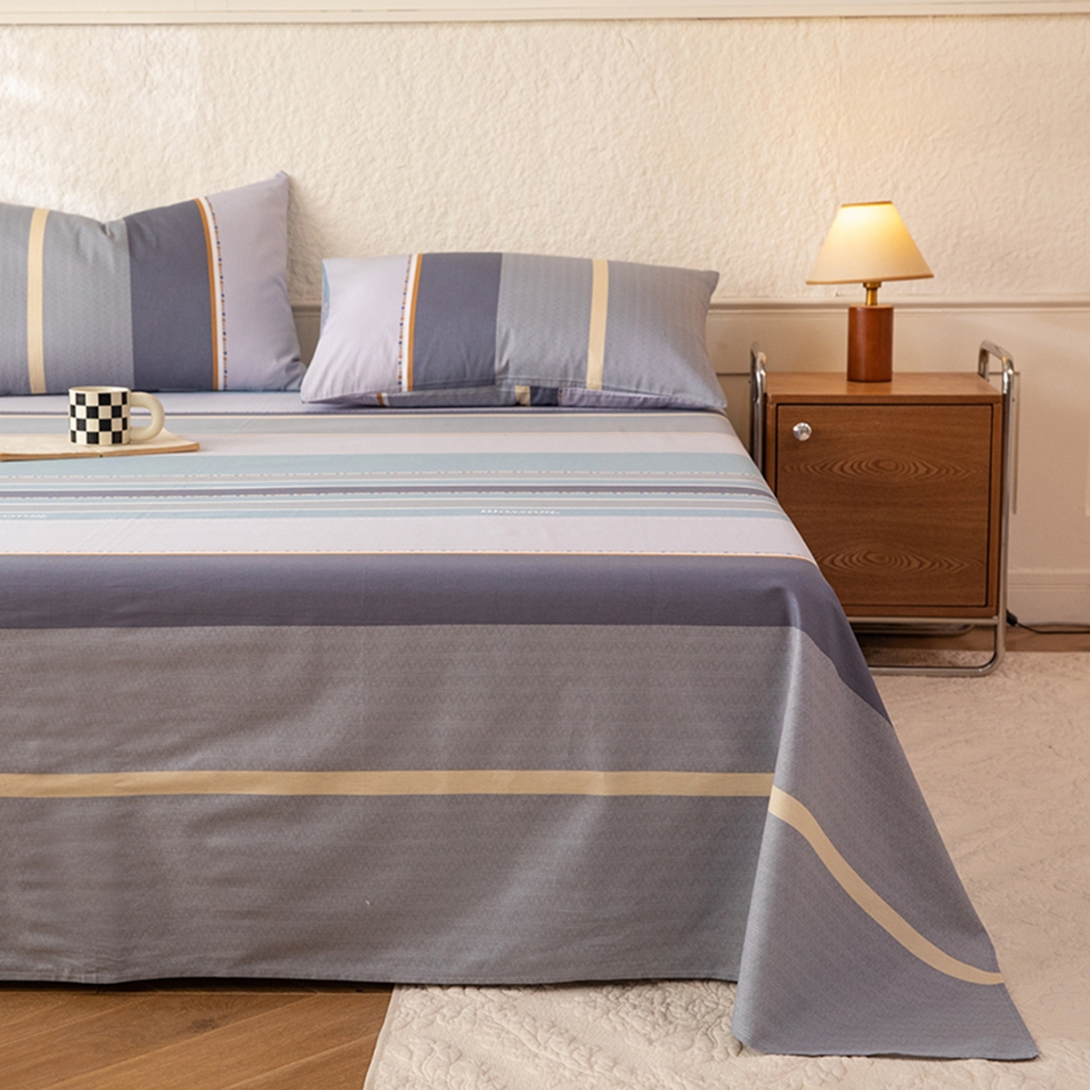 91家纺网 家纺一手货源 找家纺 八十八家纺 2026新款无印风全棉纯棉斜纹条格单床单床单单件单品床单 木思