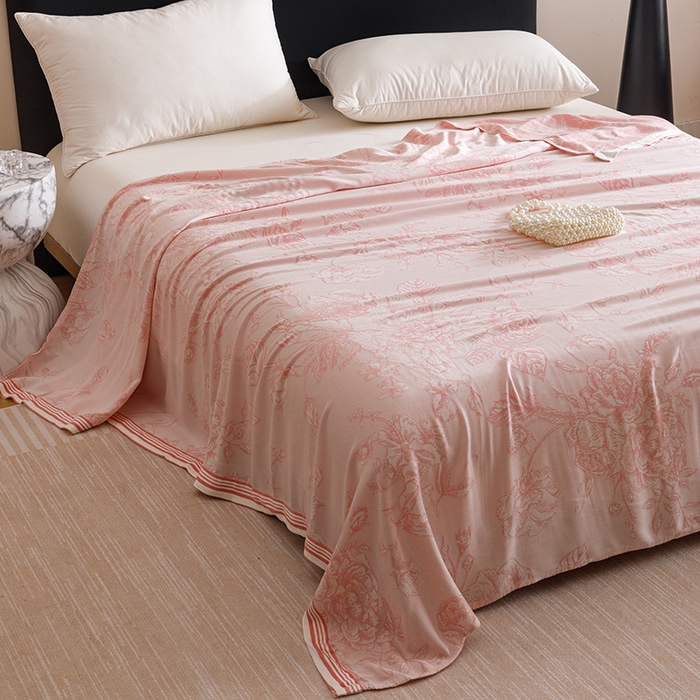91家纺网 家纺一手货源 找家纺 朴尔家纺-毛巾被 2026新款柔滑竹纤维双层纱布冷感毯毛巾被 漫花-粉