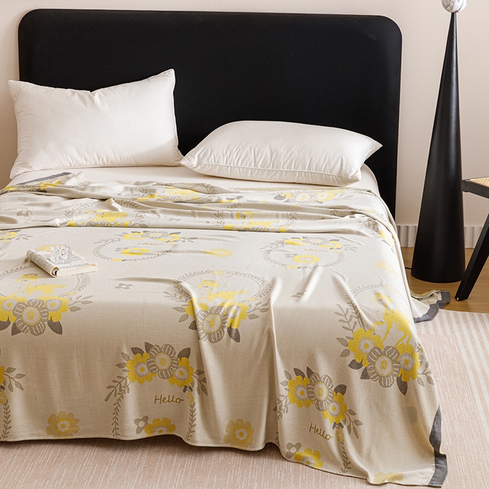 91家纺网 家纺一手货源 找家纺 朴尔家纺-毛巾被 2026新款柔滑竹纤维双层纱布冷感毯毛巾被 若花镜-黄