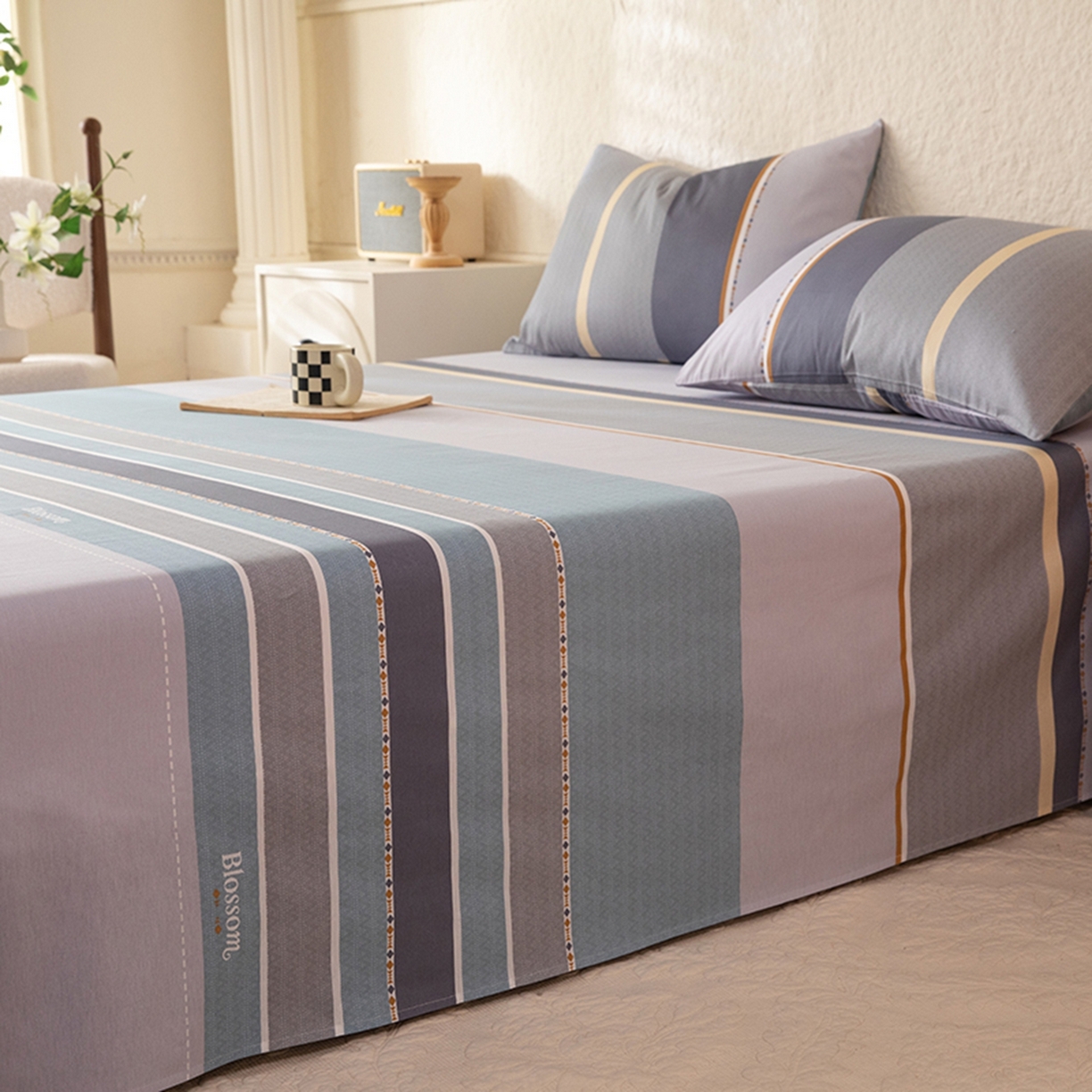 91家纺网 家纺一手货源 找家纺 八十八家纺 2026新款无印风全棉纯棉斜纹条格单床单床单单件单品床单 木思