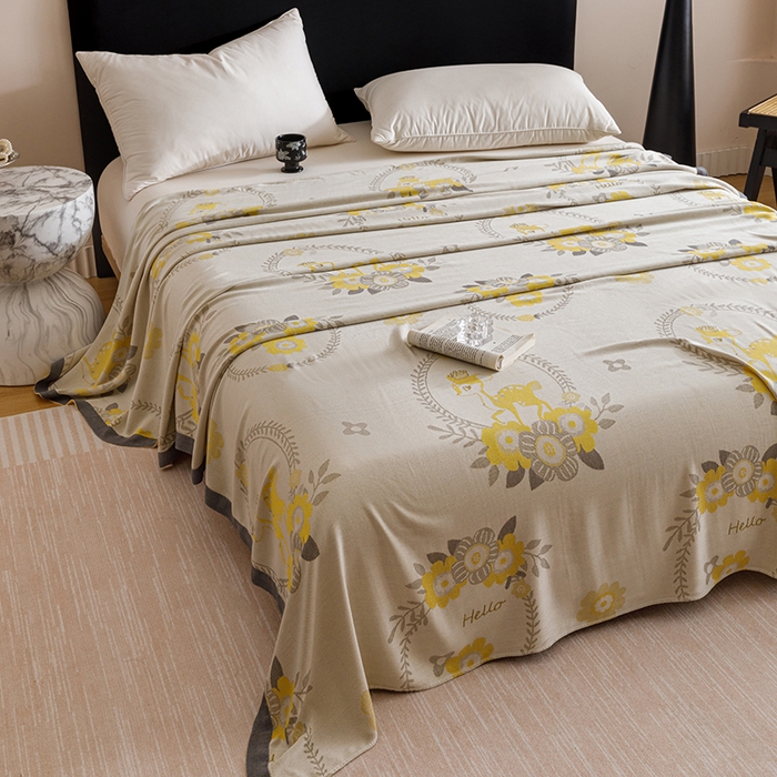 91家纺网 家纺一手货源 找家纺 朴尔家纺-毛巾被 2026新款柔滑竹纤维双层纱布冷感毯毛巾被 若花镜-黄