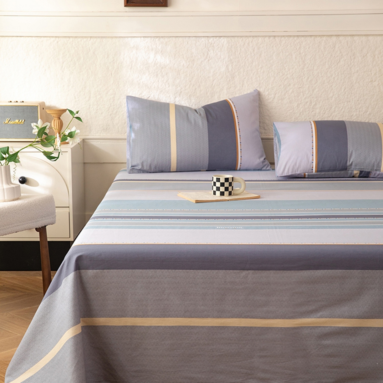 91家纺网 家纺一手货源 找家纺 八十八家纺 2026新款无印风全棉纯棉斜纹条格单床单床单单件单品床单 木思