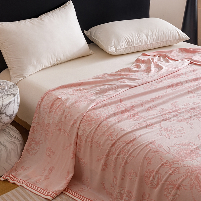 91家纺网 家纺一手货源 找家纺 朴尔家纺-毛巾被 2026新款柔滑竹纤维双层纱布冷感毯毛巾被 漫花-粉