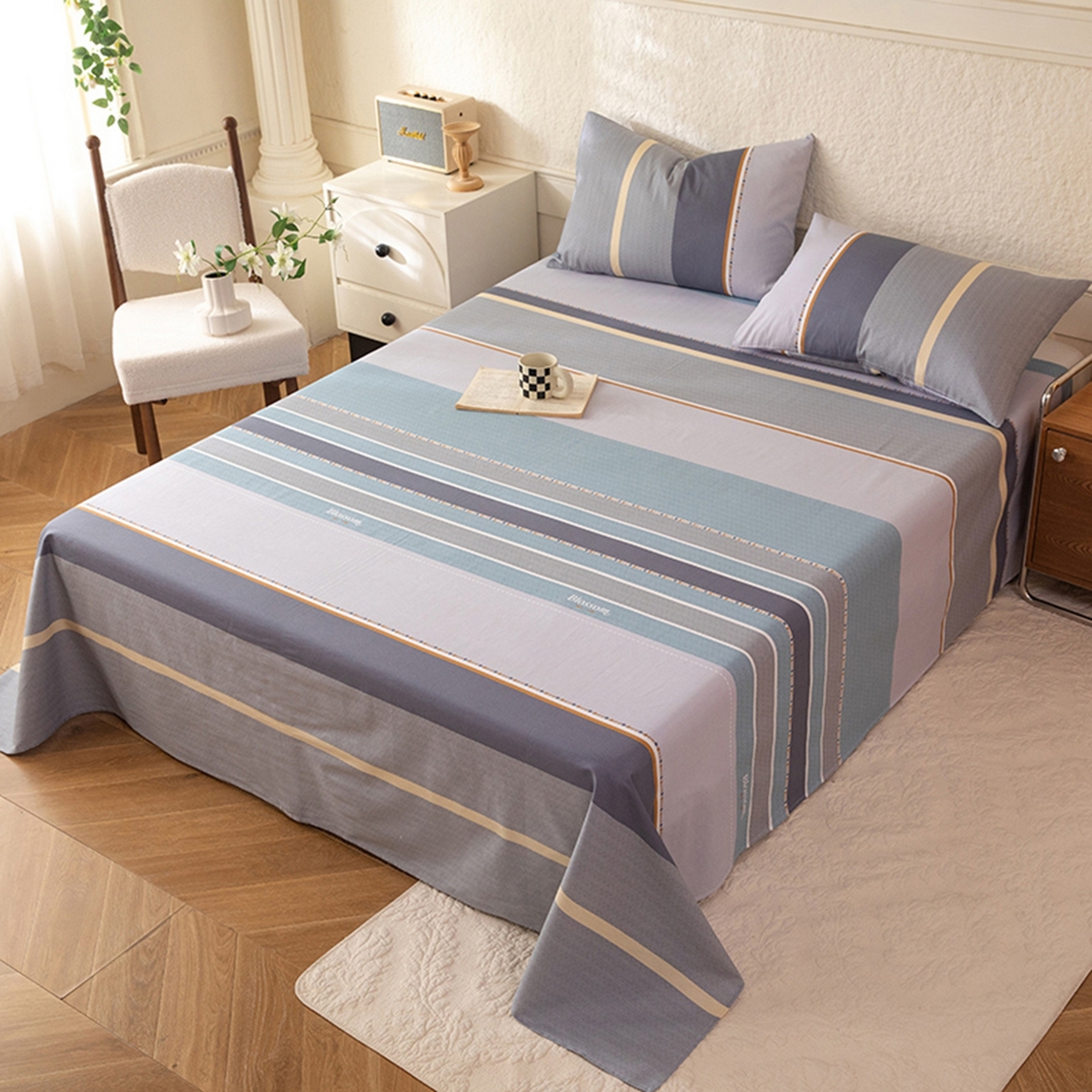 91家纺网 家纺一手货源 找家纺 八十八家纺 2026新款无印风全棉纯棉斜纹条格单床单床单单件单品床单 木思