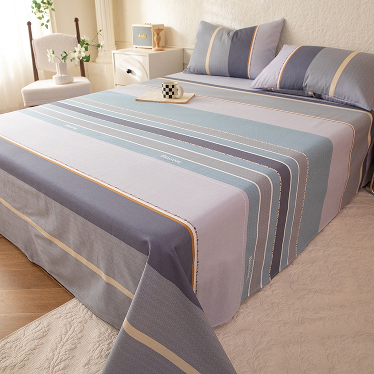 91家纺网 家纺一手货源 找家纺 八十八家纺 2026新款无印风全棉纯棉斜纹条格单床单床单单件单品床单 木思