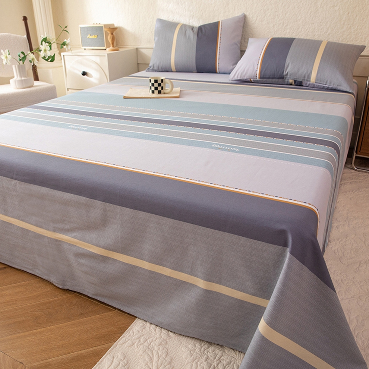 91家纺网 家纺一手货源 找家纺 八十八家纺 2026新款无印风全棉纯棉斜纹条格单床单床单单件单品床单 木思