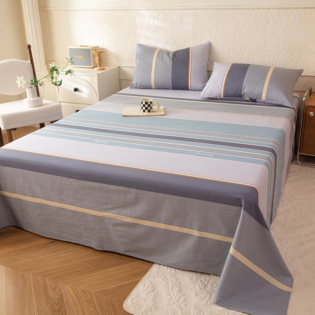 91家纺网 家纺一手货源 找家纺 八十八家纺 2026新款无印风全棉纯棉斜纹条格单床单床单单件单品床单 木思