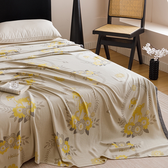 91家纺网 家纺一手货源 找家纺 朴尔家纺-毛巾被 2026新款柔滑竹纤维双层纱布冷感毯毛巾被 若花镜-黄